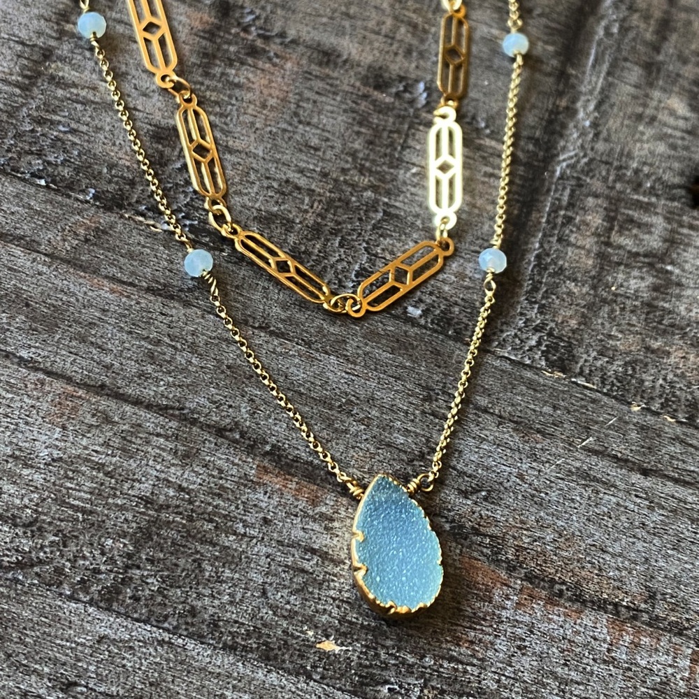 NEW FP x Luna Norte Blue Druzy Quartz Heart Layering Necklace Set